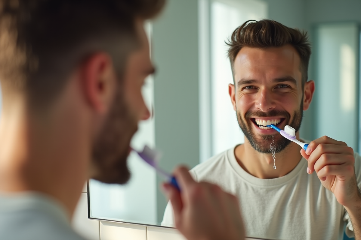 Homme se brossant les dents dans la salle de bain lumineuse