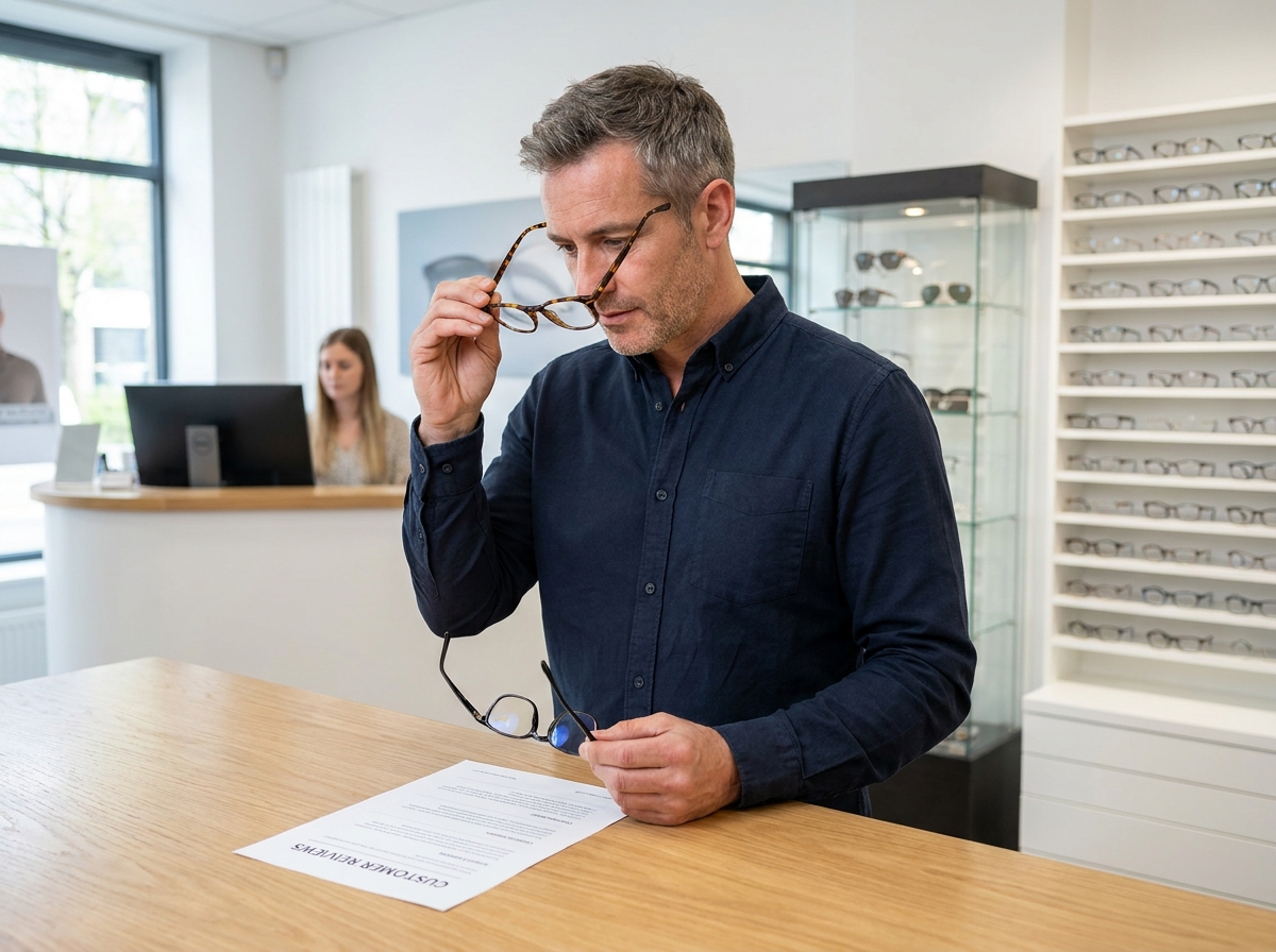 Homme comparant des montures de lunettes dans une boutique d'opticien en consultant des avis clients