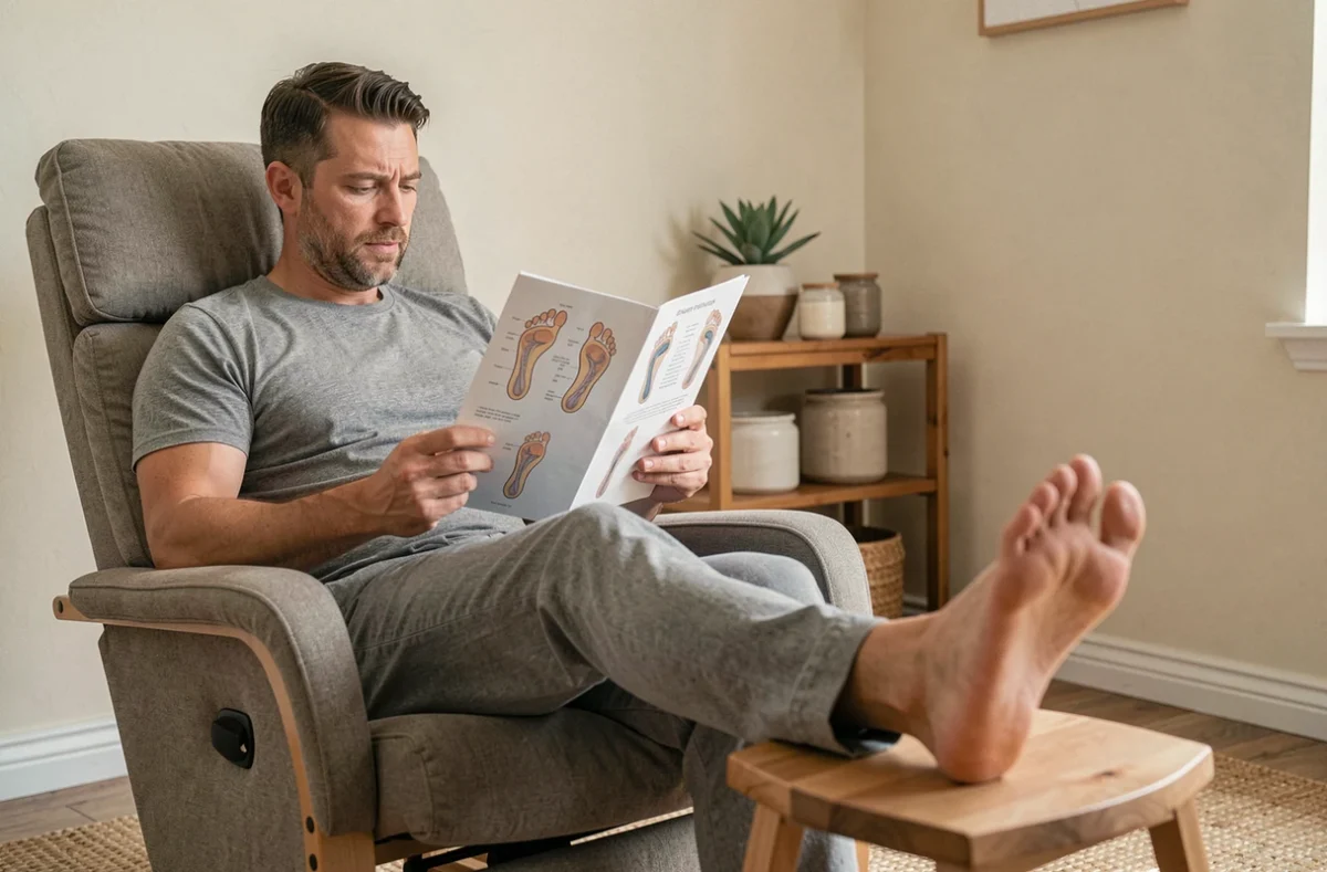 Homme consultant un livre de réflexologie plantaire chez lui avec une carte détaillée des zones réflexes du pied visible sur ses genoux