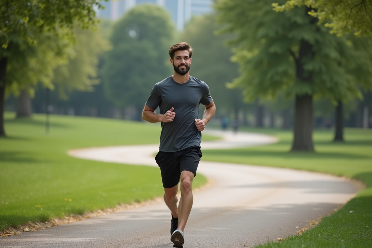 Jeune homme courant dans un parc urbain calme