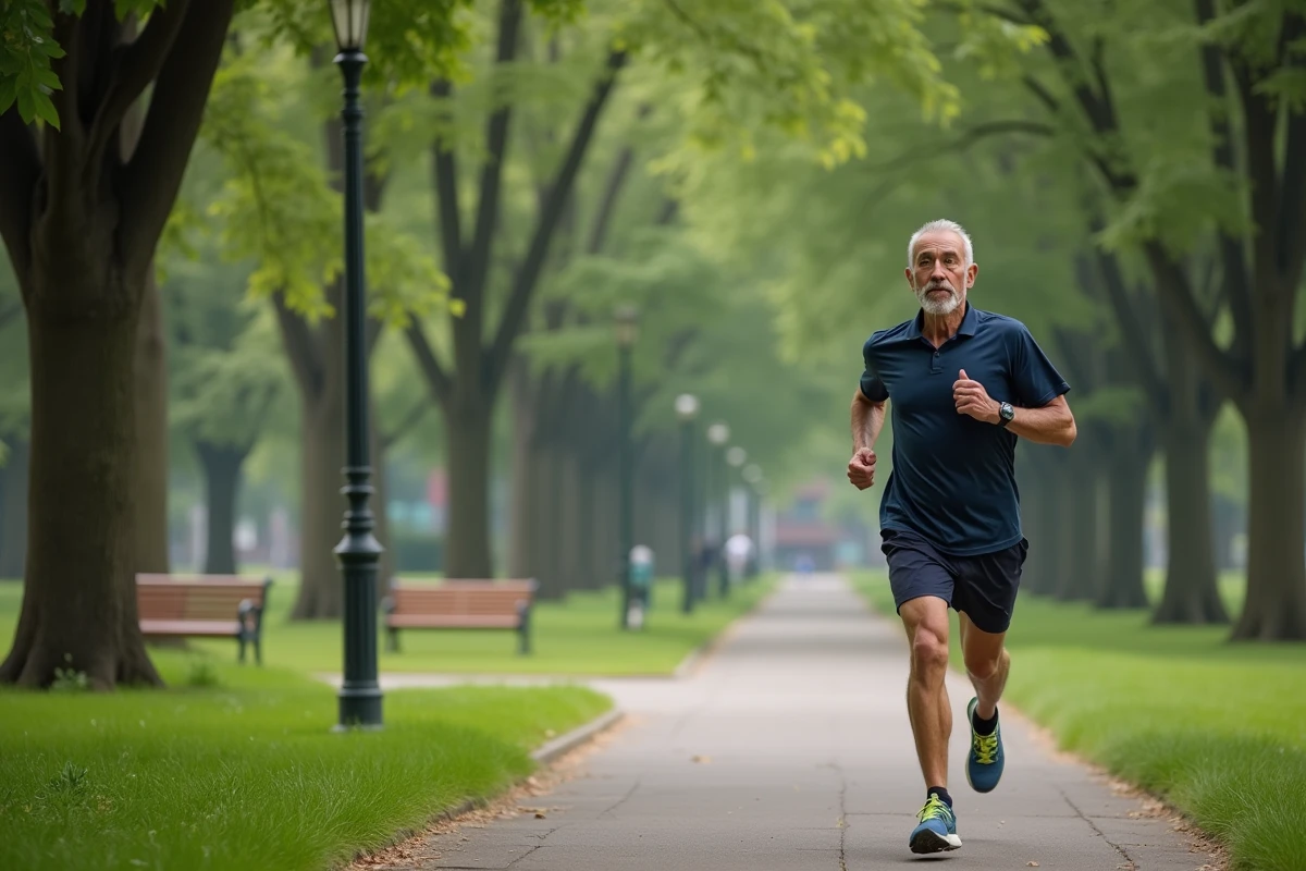 Homme courant dans un parc urbain calme et verdoyant