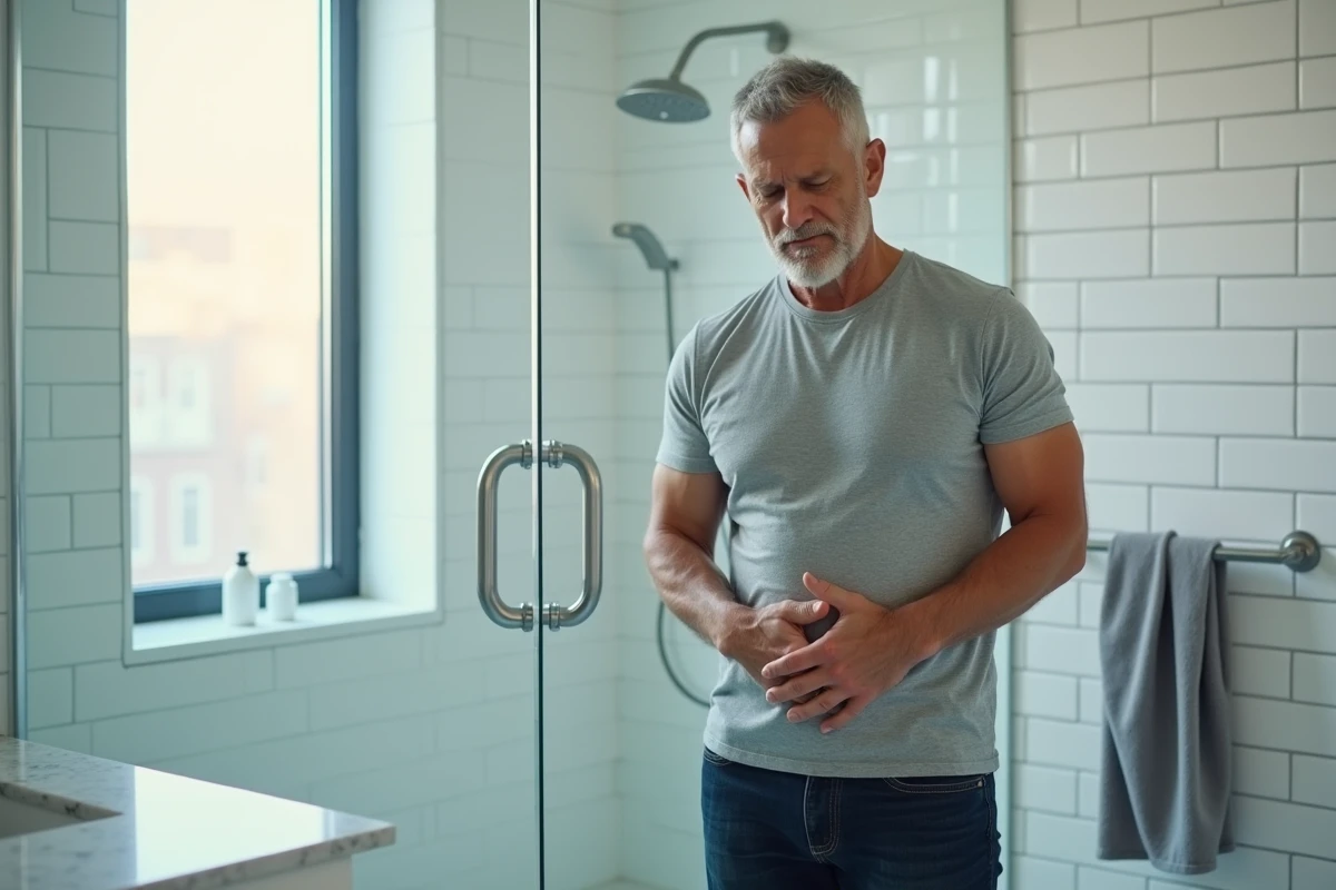 Homme d'une cinquantaine d'années dans une salle de bain tenant sa main contre l'aine avec une expression inquiète, symbolisant la découverte d'une boule inguinale