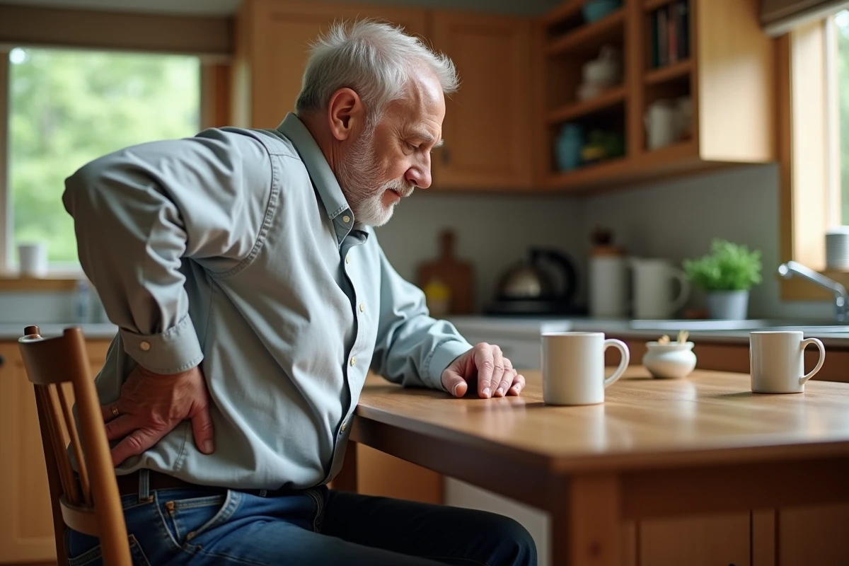 Homme âgé se tenant le dos dans sa cuisine à la maison