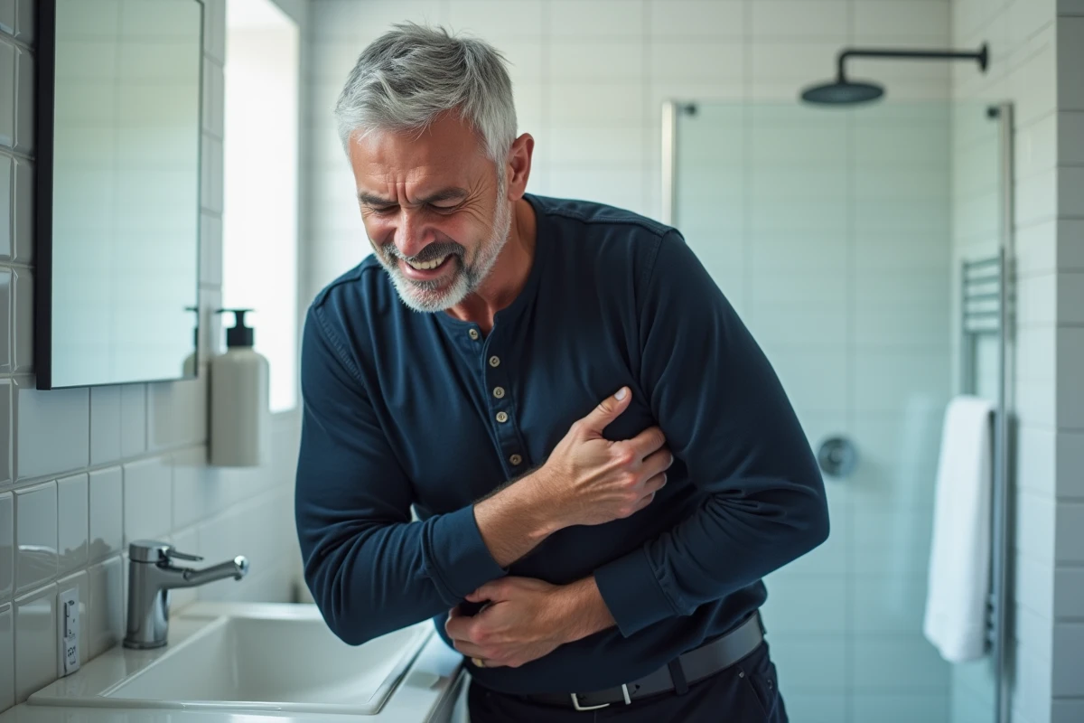 Homme en douleur appuyant sur ses côtes dans une salle de bain, représentant une douleur intercostale liée à la bronchite
