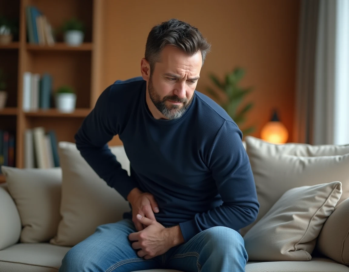 Homme assis sur un canapé à la maison se tenant la fesse en raison d'une douleur en position assise