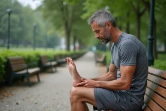Homme tenant son talon douloureux après une séance de jogging dans un parc, illustrant une talalgie plantaire