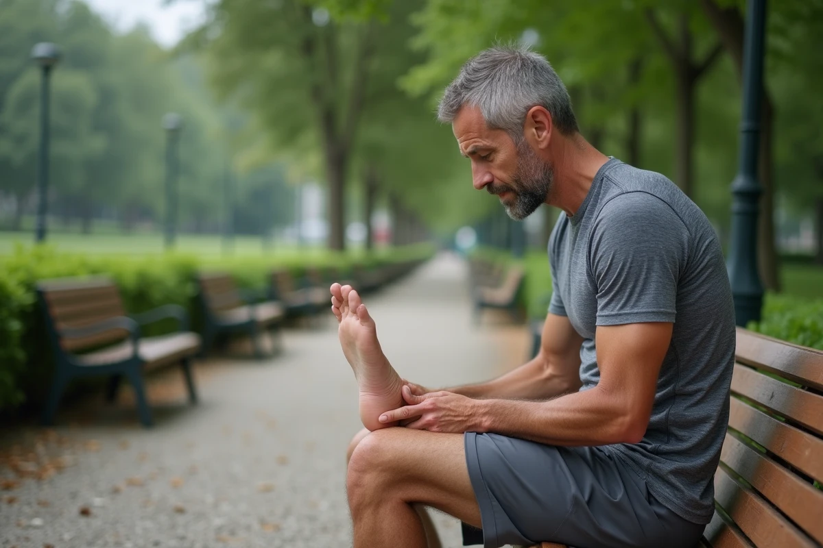 Homme tenant son talon douloureux après une séance de jogging dans un parc, illustrant une talalgie plantaire