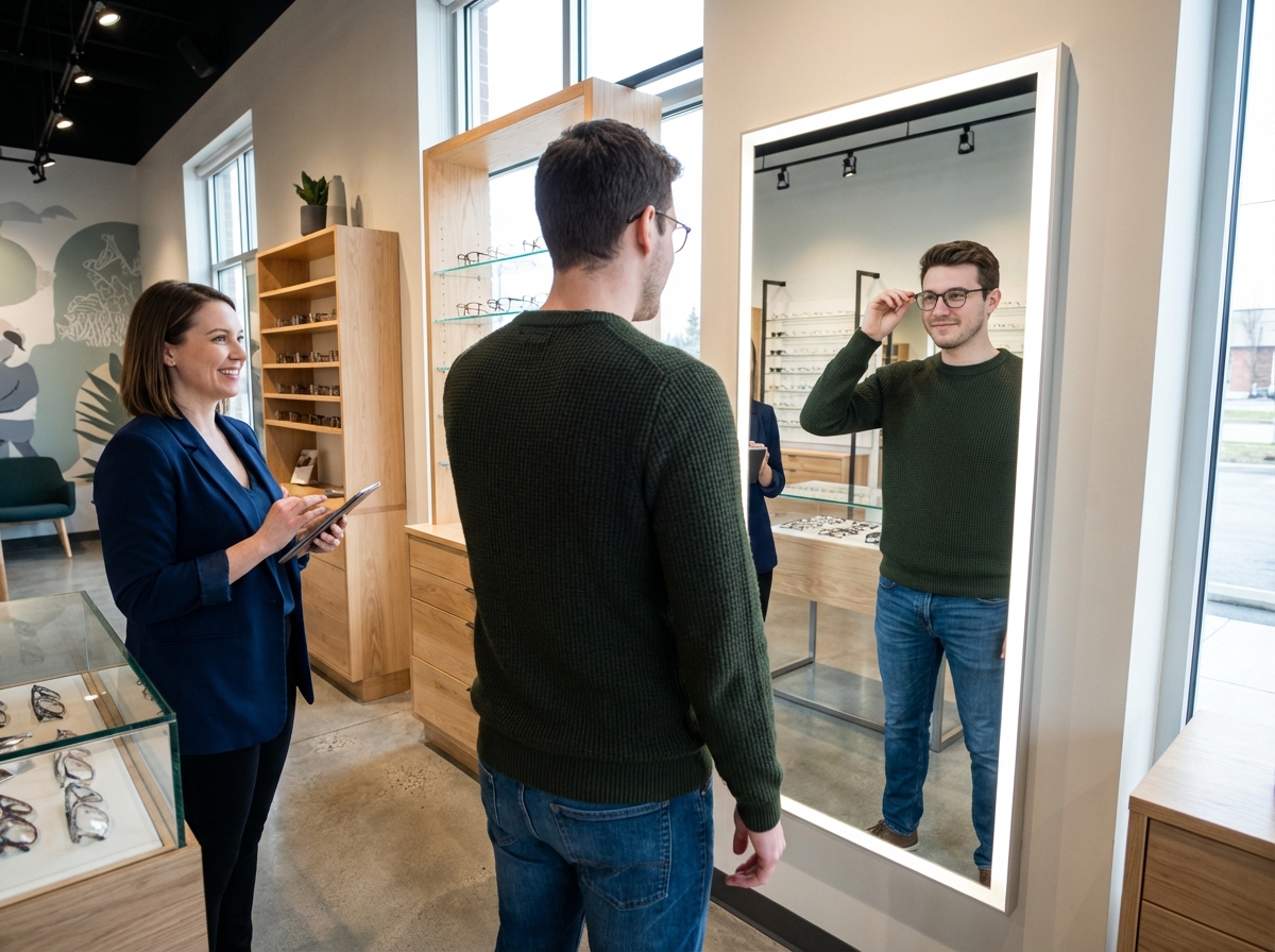 Jeune homme essayant des lunettes dans un magasin