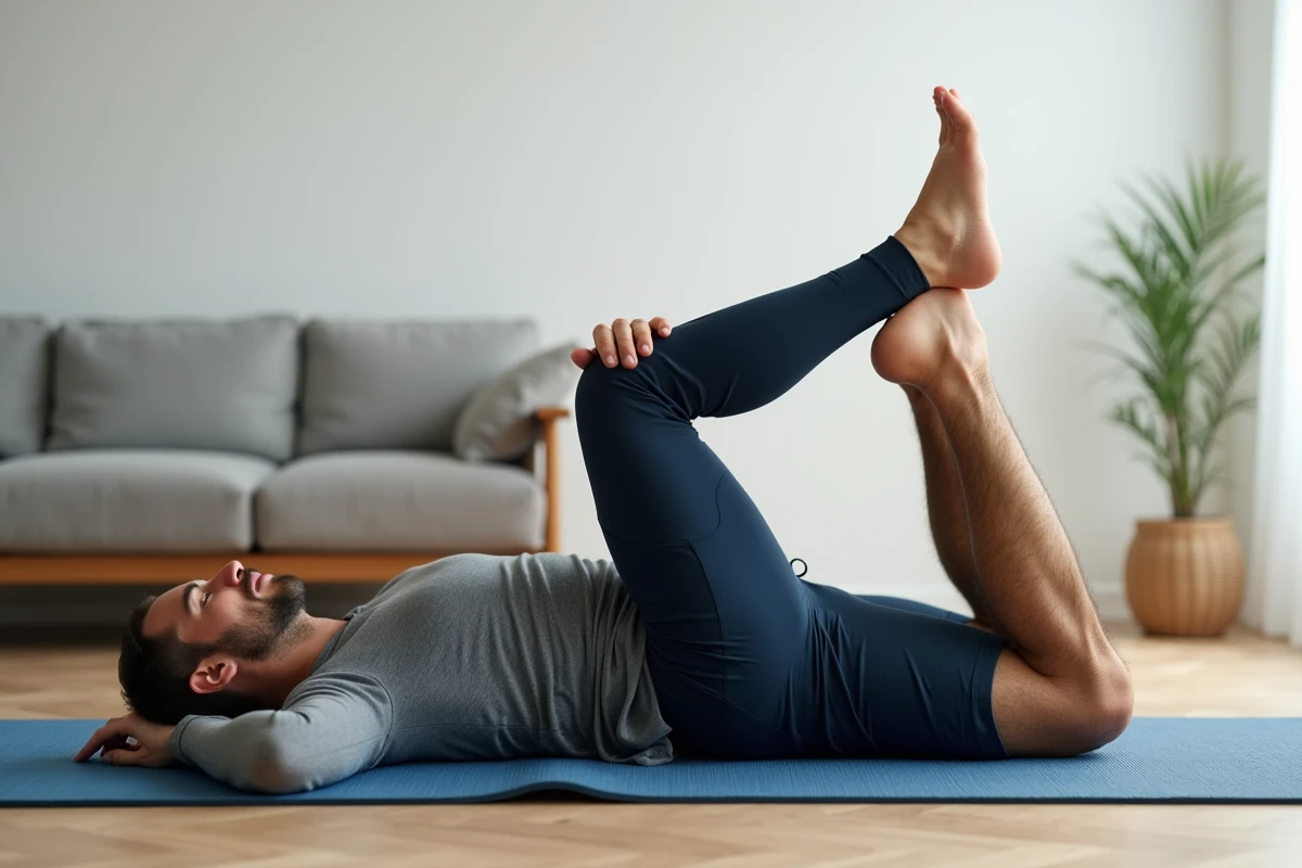 Homme allongé sur un tapis de yoga pratiquant un étirement doux pour soulager la douleur au coccyx