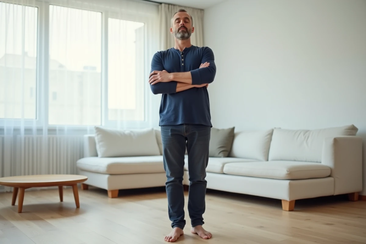 Homme effectuant un étirement naturel du haut du dos dans un salon moderne et lumineux
