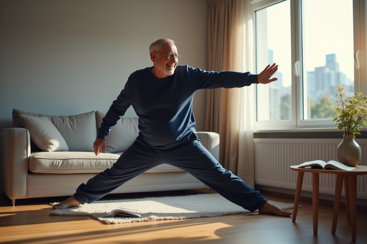 Homme se réveillant en se stretchant dans le salon lumineux