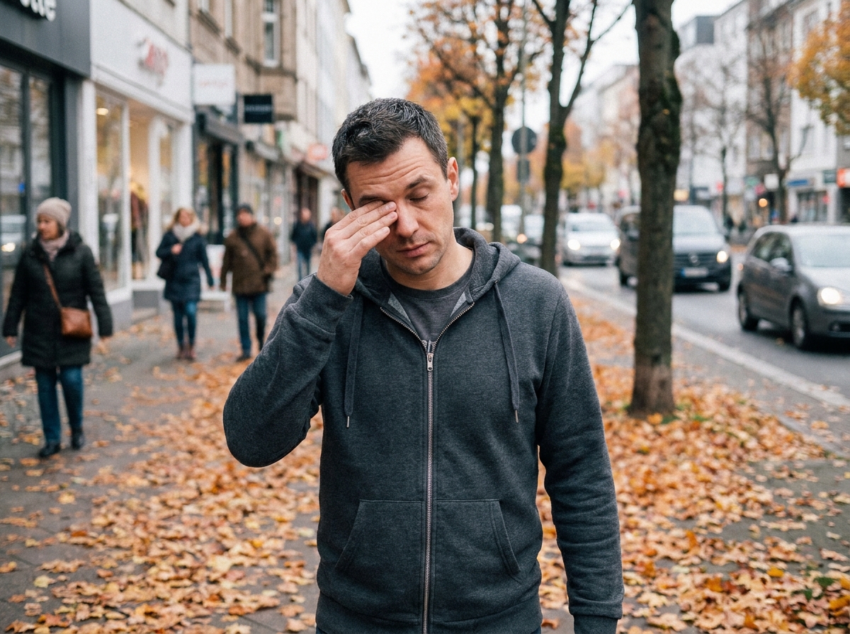 Homme se frottant l'œil par fatigue visuelle dans une rue bordée d'arbres aux feuilles d'automne, évoquant les effets de la baisse de luminosité