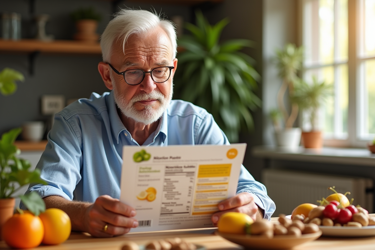 Homme âgé regardant des emballages alimentaires riches en vitamines