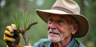 Homme âgé inspectant une branche de pin avec des chenilles processionnaires