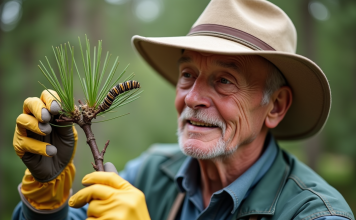 Comment se protéger des piqûres de chenille processionnaire : conseils pour les seniors Homme âgé inspectant une branche de pin avec des chenilles processionnaires