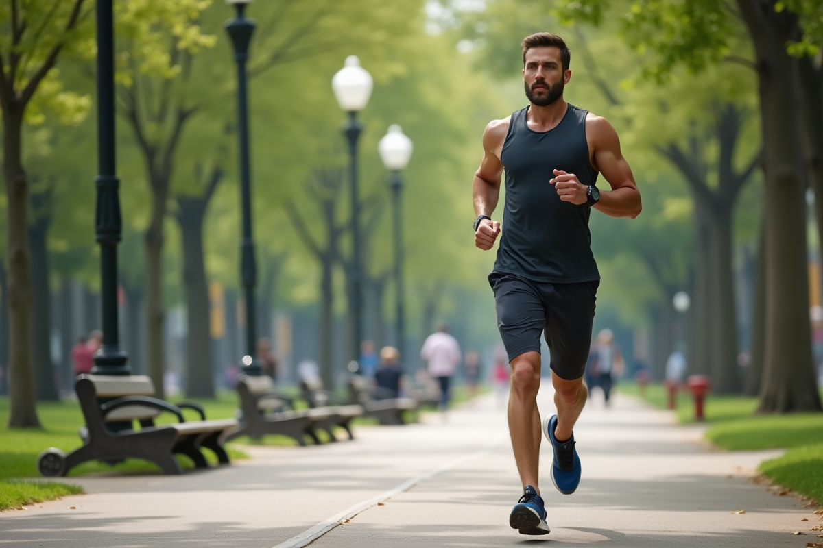 Homme courant dans un parc urbain avec tracker