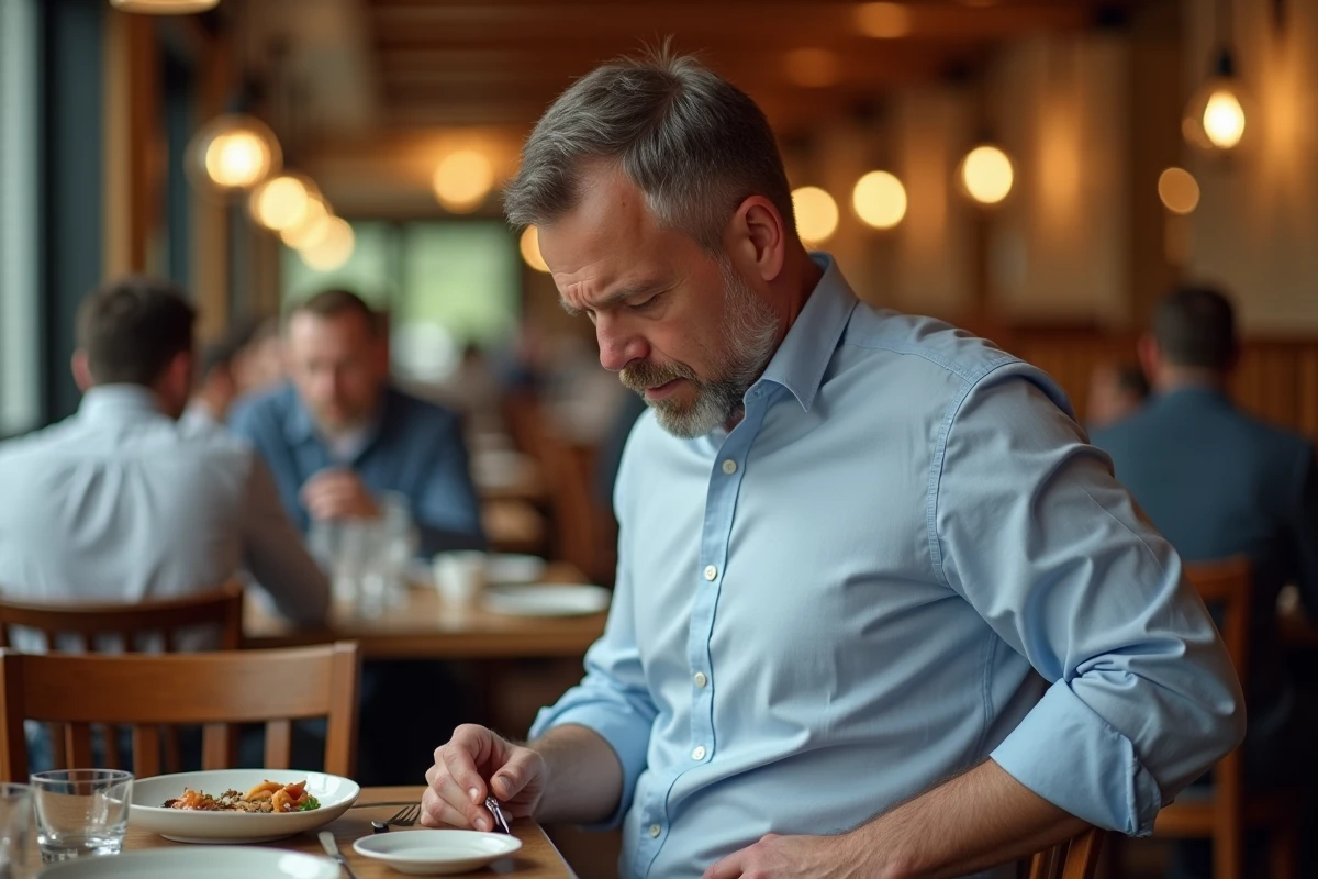 Homme souffrant assis à une table de restaurant