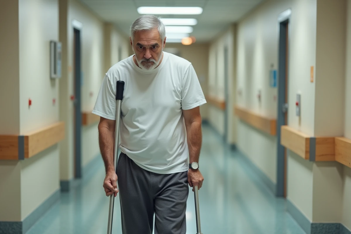 Homme âgé marchant avec une béquille dans un couloir d'hôpital lors de sa convalescence après une algodystrophie du genou