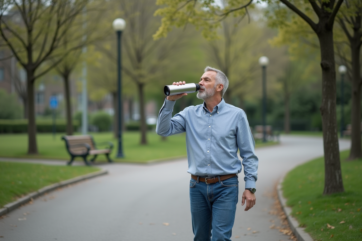 Homme en marche dans un parc urbain buvant dans une bouteille d