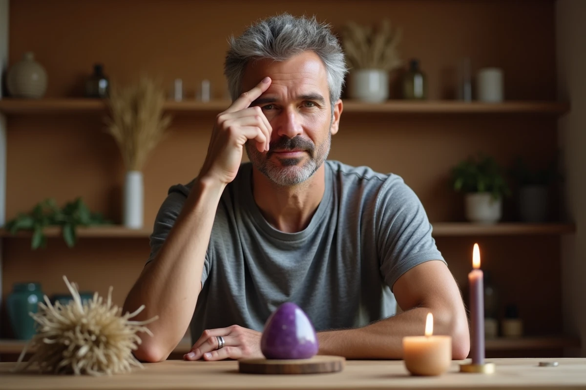 Homme en posture méditative face à un autel avec cristal améthyste, tenant sa tempe gauche en lien avec le chakra du troisième œil
