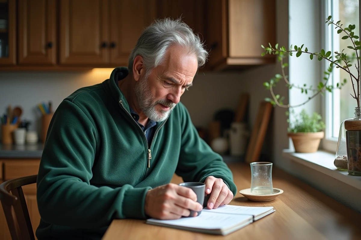 Homme mesure du sirop de bouleau dans la cuisine