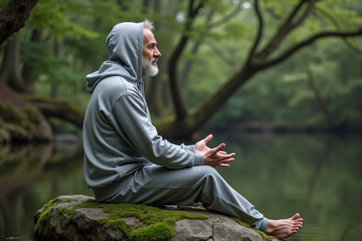 Homme méditant au bord d’un étang en forêt