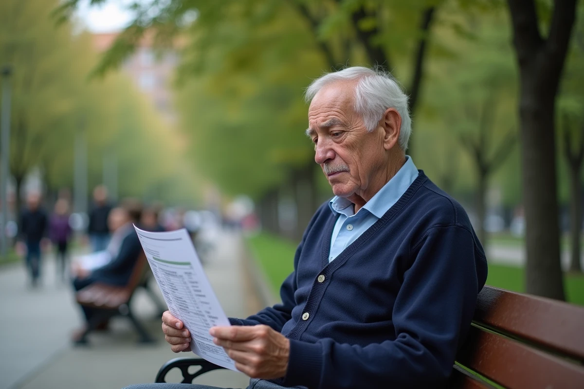Homme âgé lisant un rapport dans un parc urbain calme