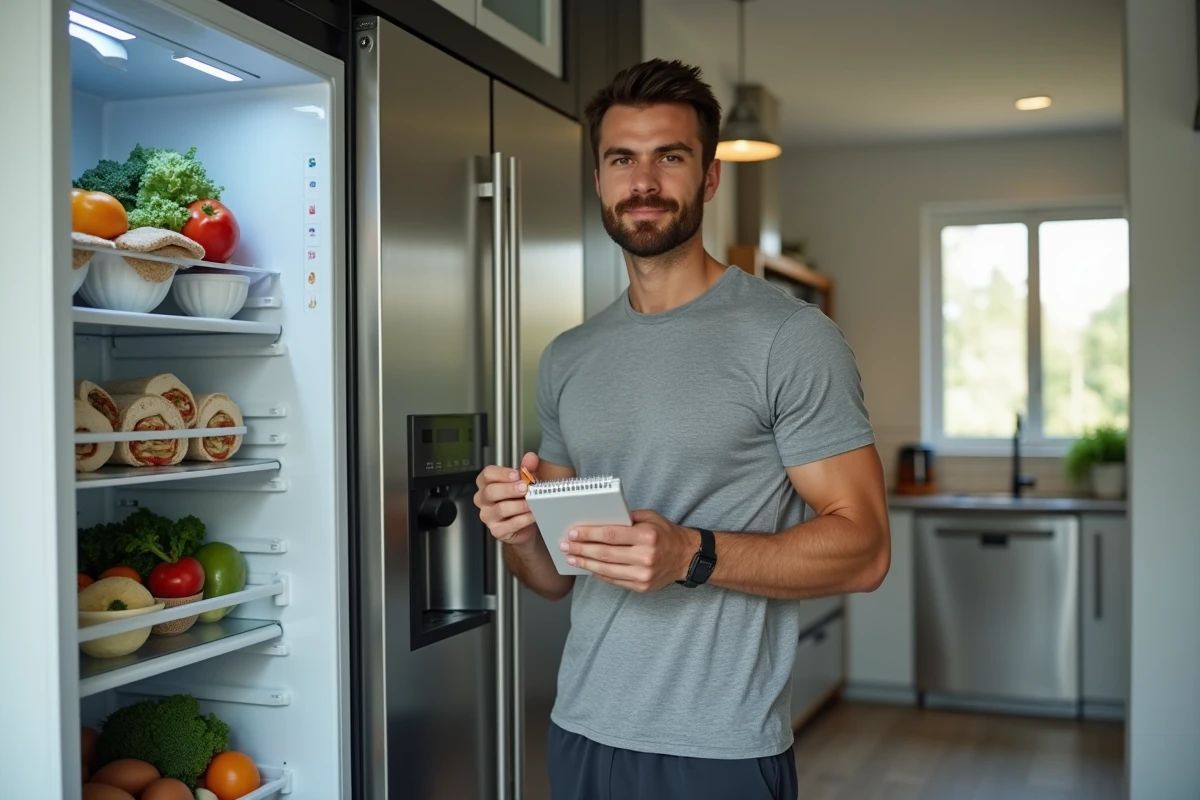 Homme consultant son plan alimentaire devant un réfrigérateur rempli d'aliments à faible index glycémique