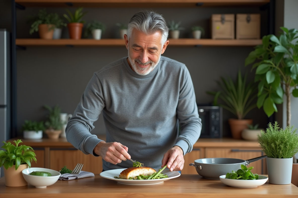 Homme préparant un plat de poisson et légumes dans un intérieur moderne