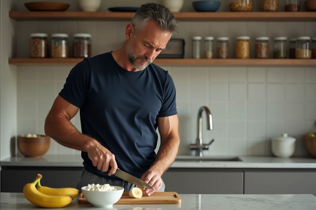 Homme préparant une banane en tranches avec du yaourt le soir, alimentation équilibrée et nutrition saine