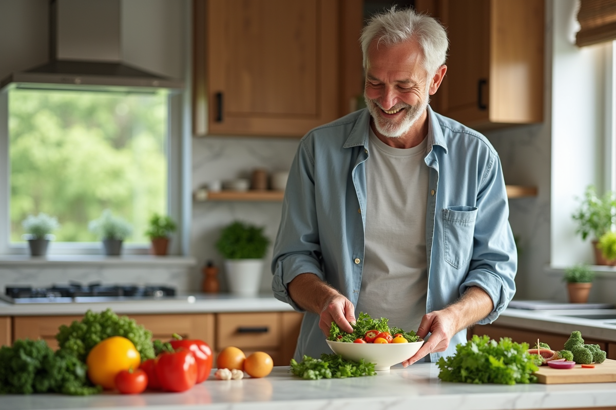 Homme préparant une salade dans une cuisine lumineuse