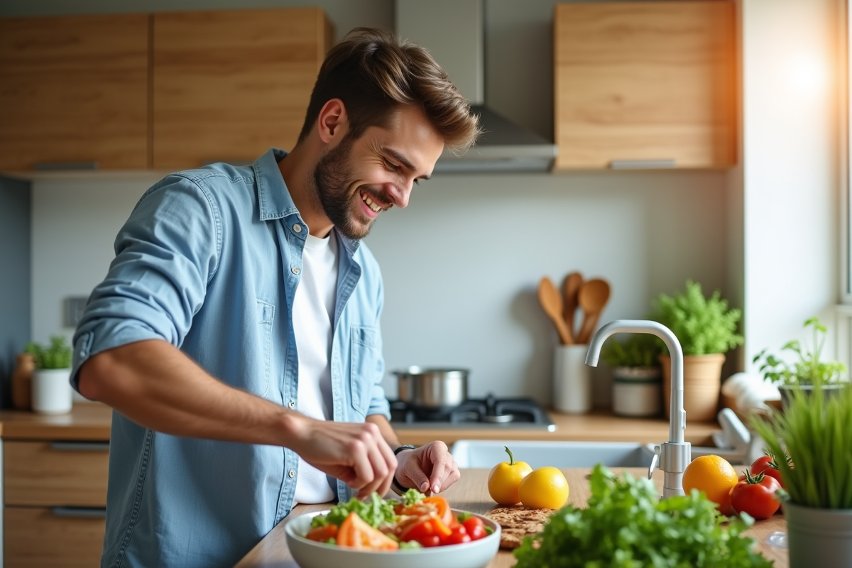 Homme préparant une salade dans une cuisine lumineuse