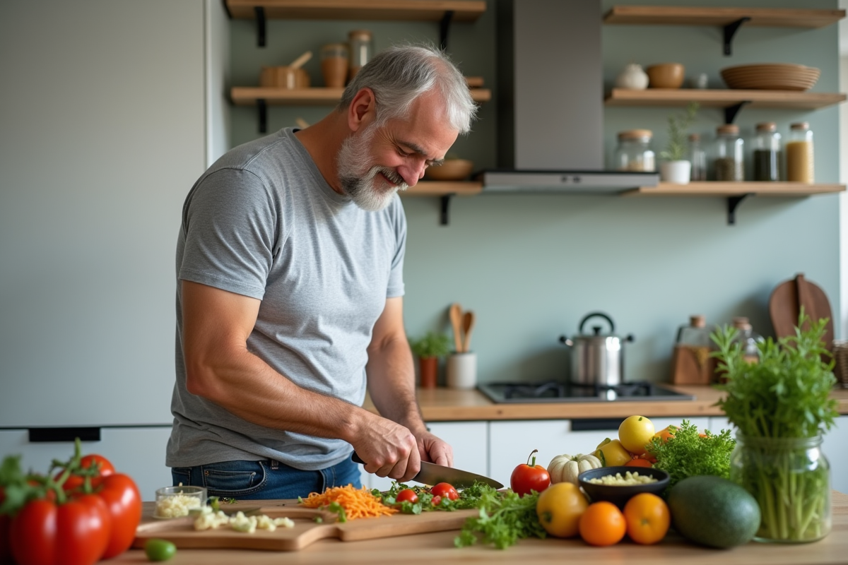 Homme préparant une salade dans une cuisine lumineuse