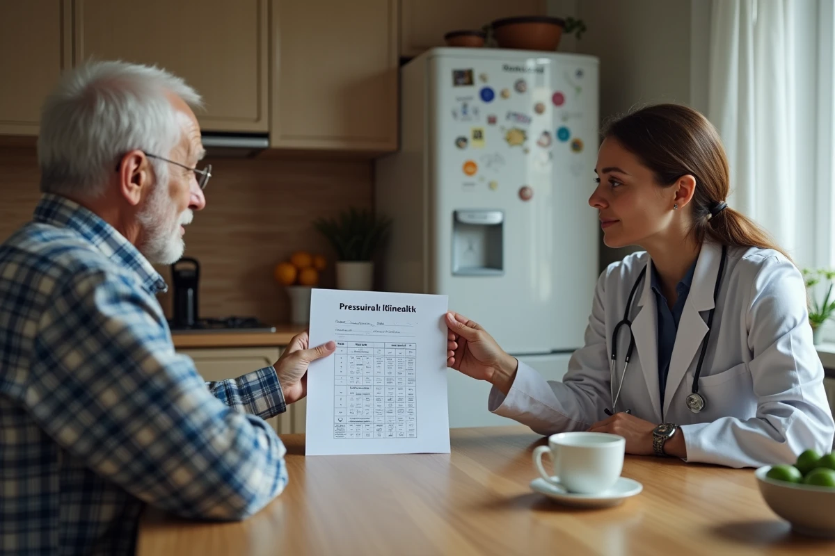 Homme âgé montre son tableau de pression à une jeune médecin dans la cuisine