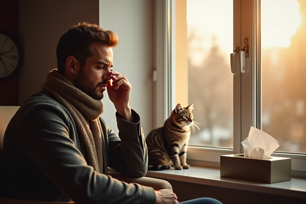 Homme assis près de la fenêtre avec un mouchoir et un chat regardant dehors