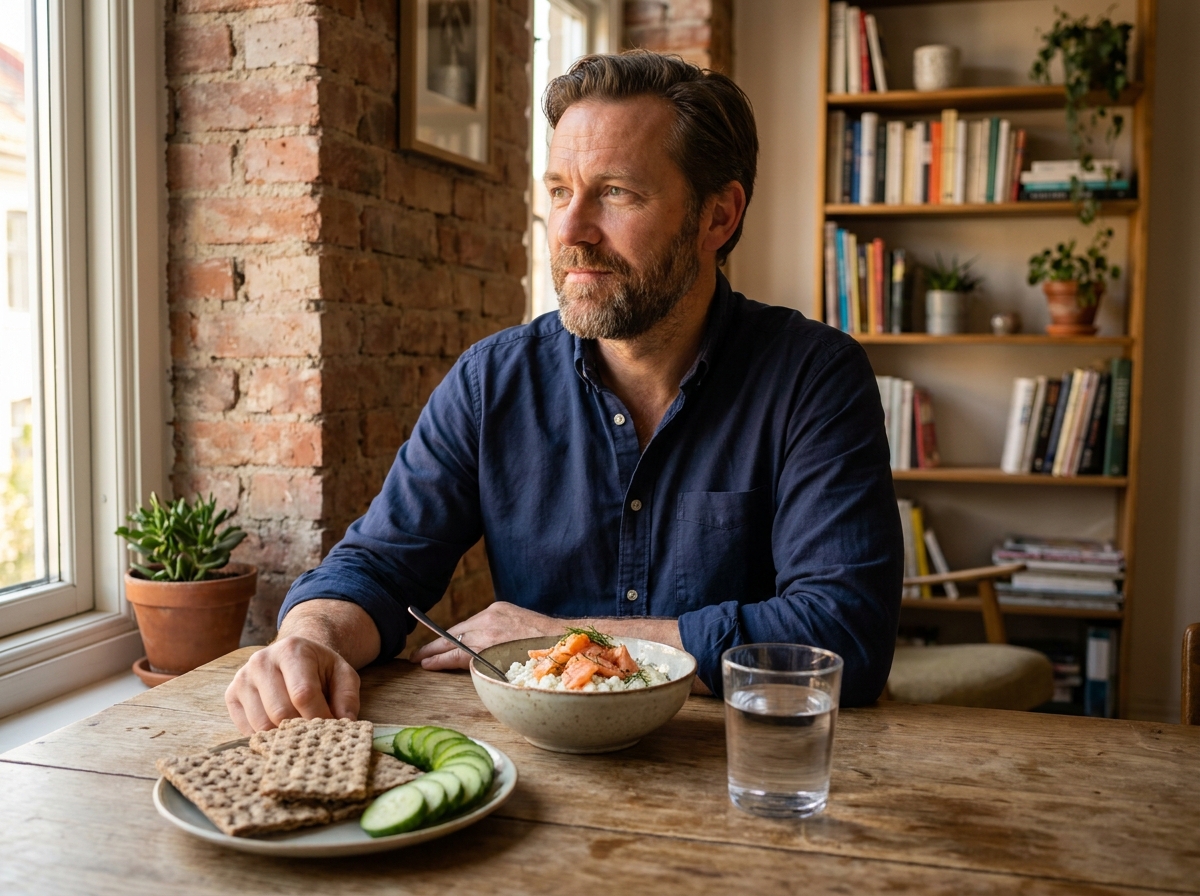 Homme dégustant un repas hyperprotéiné simple avec fromage blanc, saumon fumé et crackers de seigle à table