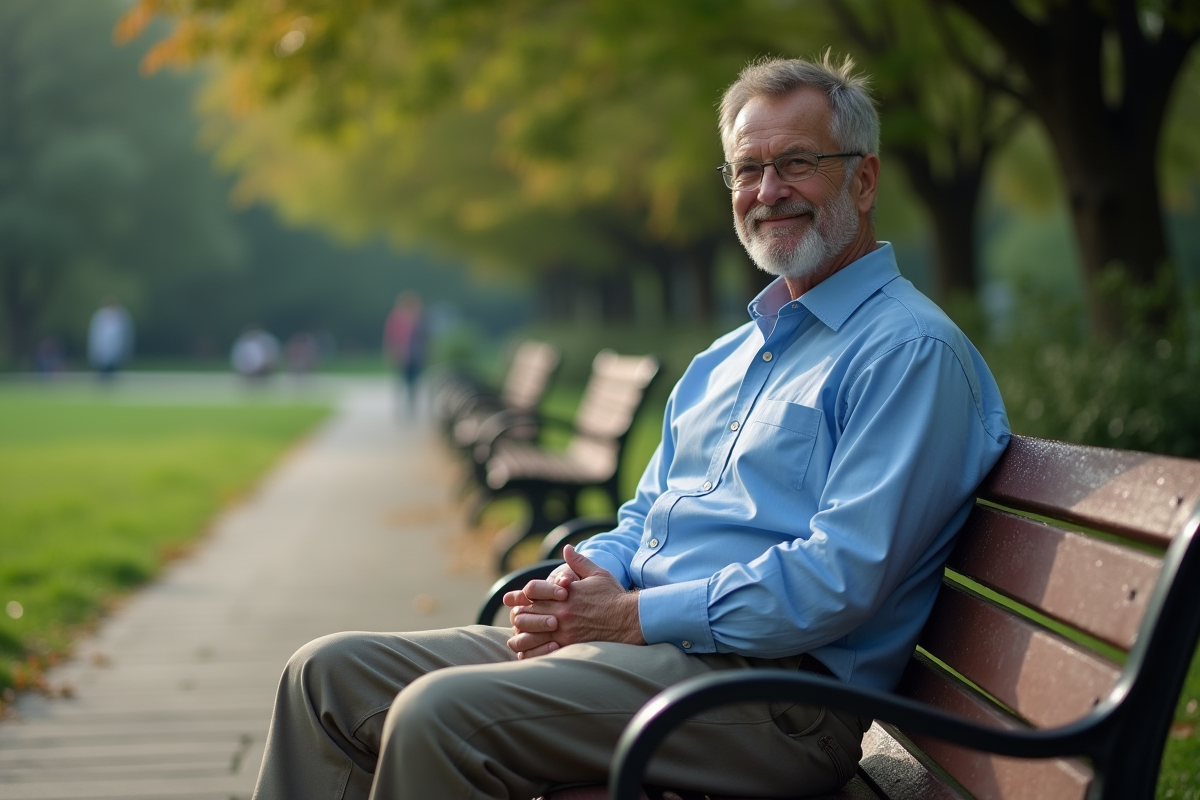 Homme contemplatif assis dans un parc urbain au matin