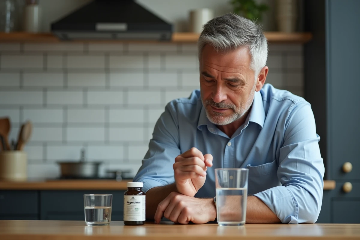 Homme d age en cuisine avec bouteille de magnesium et eau