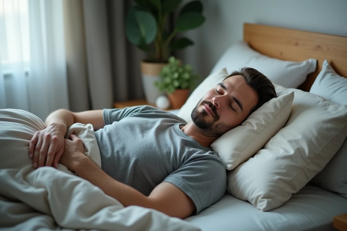 Homme dormant paisiblement dans son lit après une séance d'ostéopathie, illustrant un sommeil réparateur de qualité