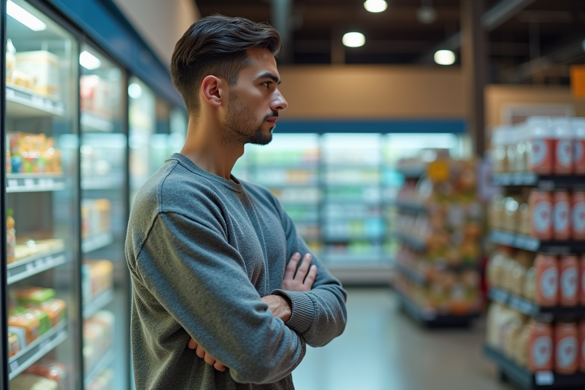 Jeune homme regardant un produit faible calorie au supermarche