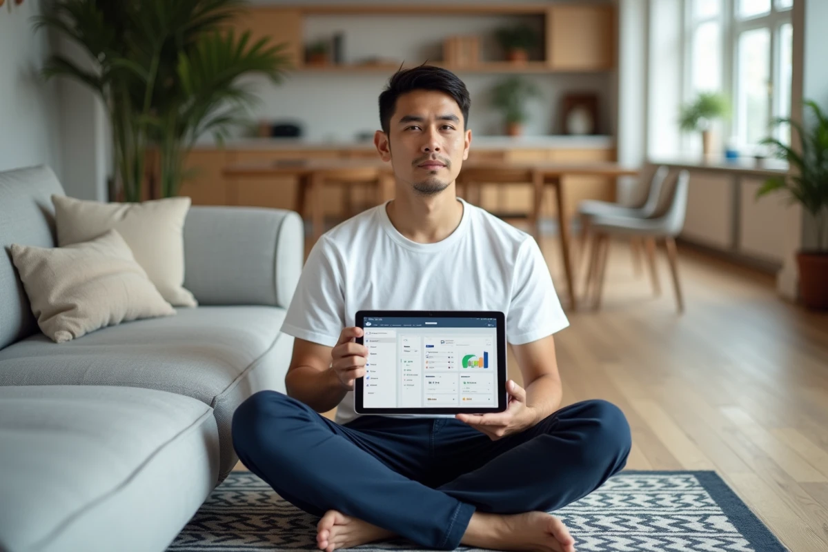 Homme jeune consultant un tableau de bord sur tablette dans un salon moderne lors de sa prise en main de Madeformed Pro