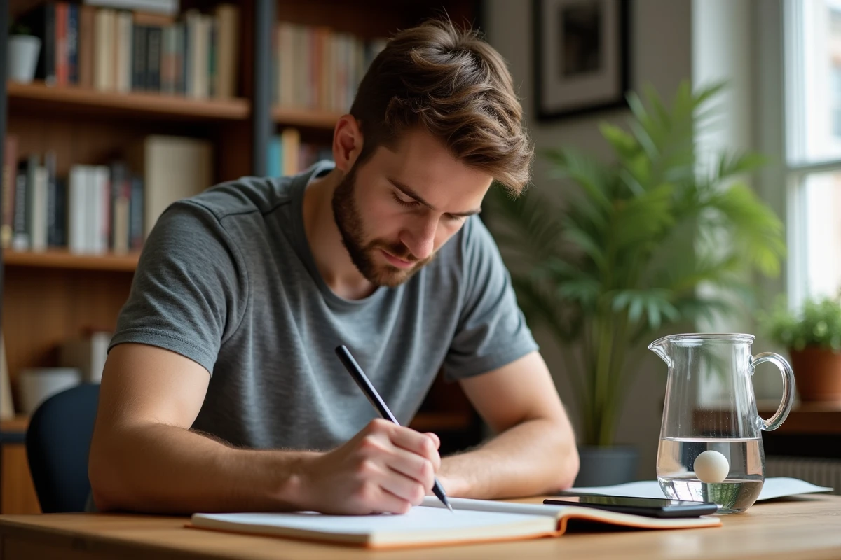 Homme notant les résultats d'un test de perle de céramique dans un carnet scientifique à son bureau