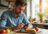 Homme adulte vérifiant son taux de glucose au matin