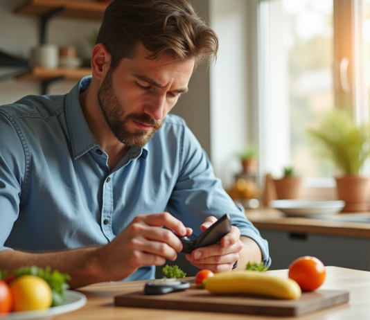 Homme adulte vérifiant son taux de glucose au matin