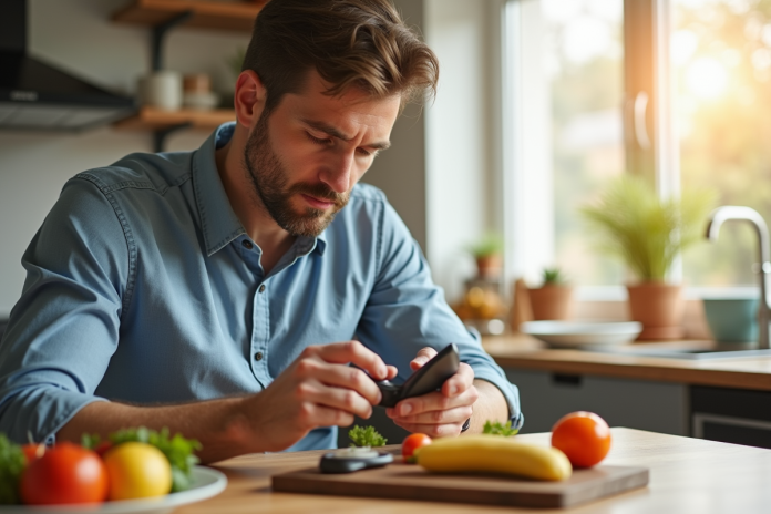 Homme adulte vérifiant son taux de glucose au matin