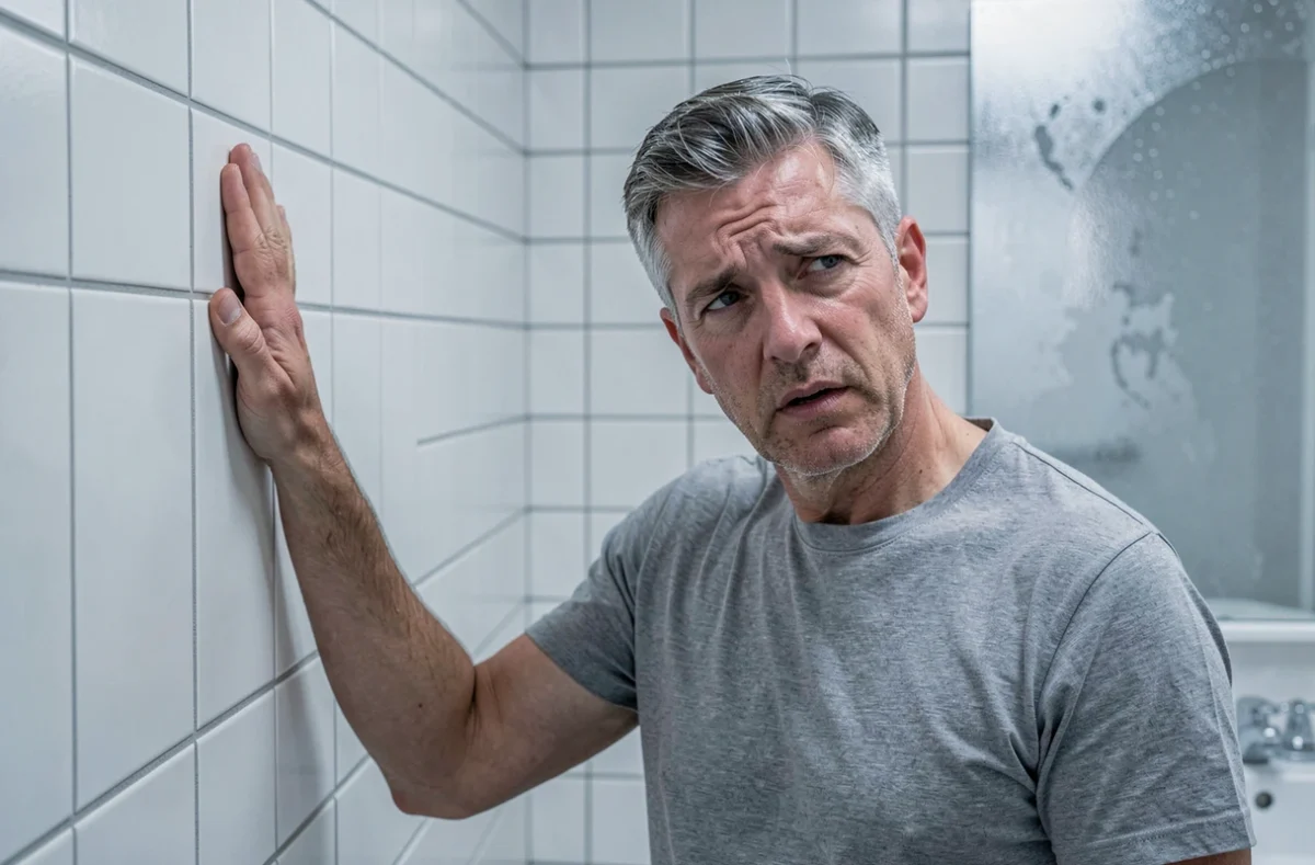 Homme de 48 ans souffrant de vertiges dans la salle de bain, représentant les symptômes fréquents après 40 ans