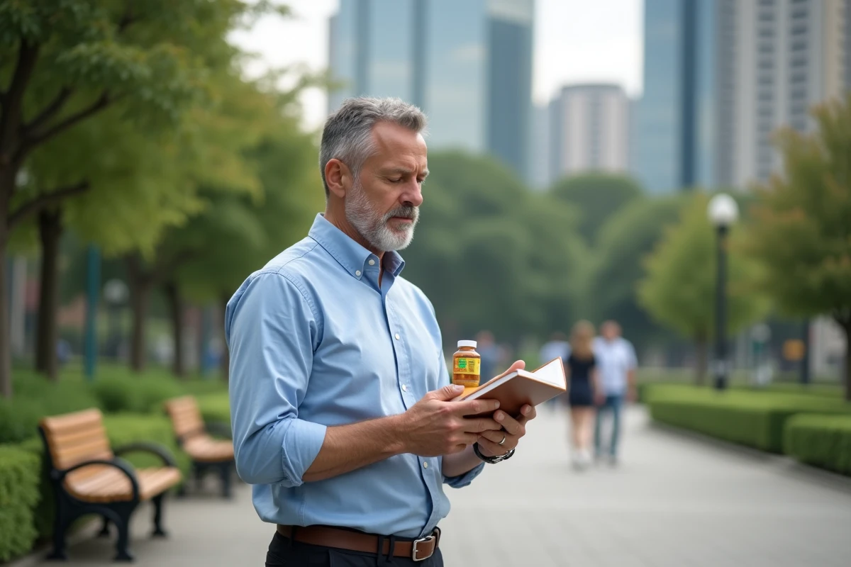 Homme en ville étudiant ses vitamines en plein air