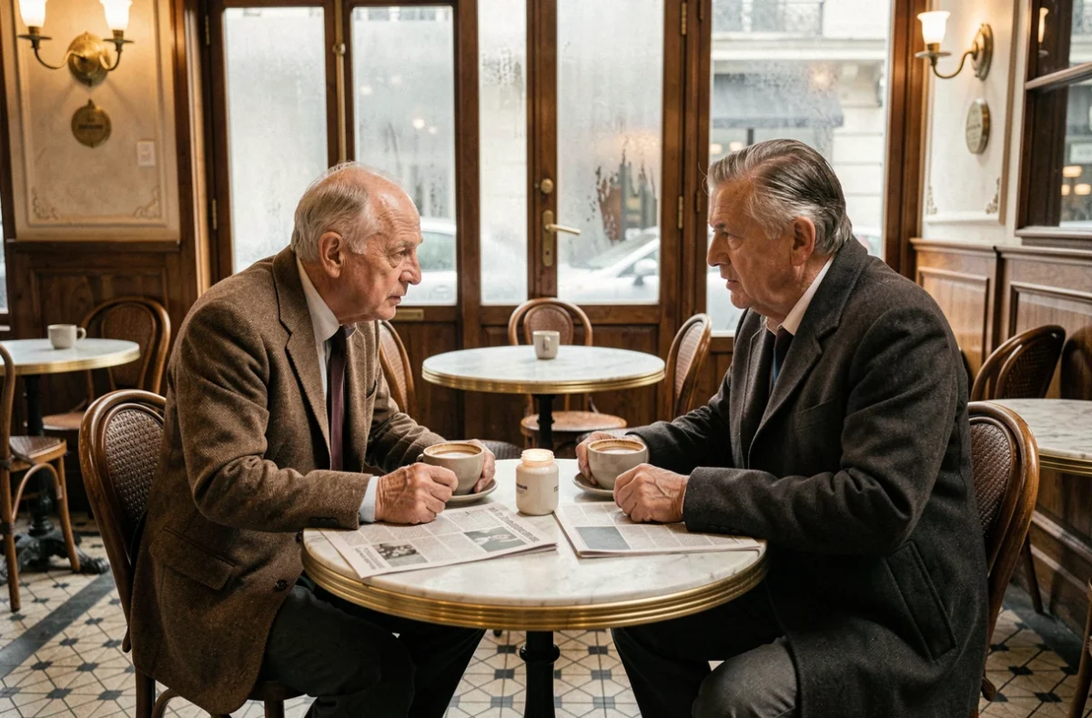 Deux hommes âgés en discussion sérieuse autour d'un café dans une brasserie parisienne traditionnelle, articles de presse sur la table
