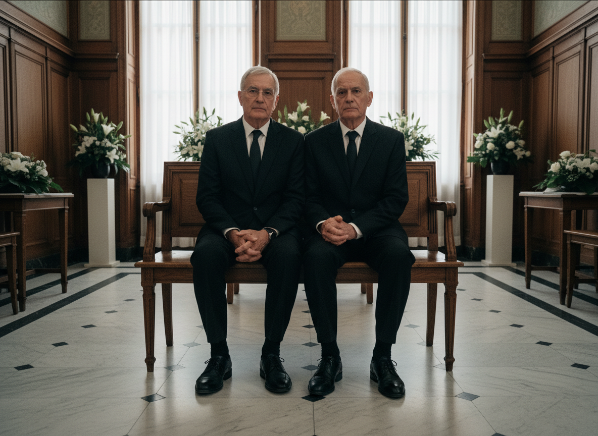 Deux hommes âgés assis lors d’un enterrement à Paris