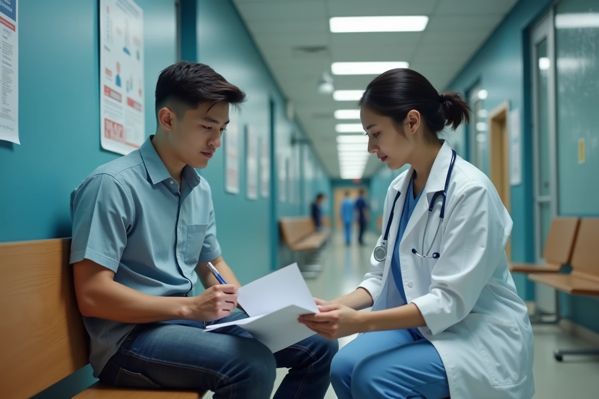 Jeune homme et hematologue dans un couloir d